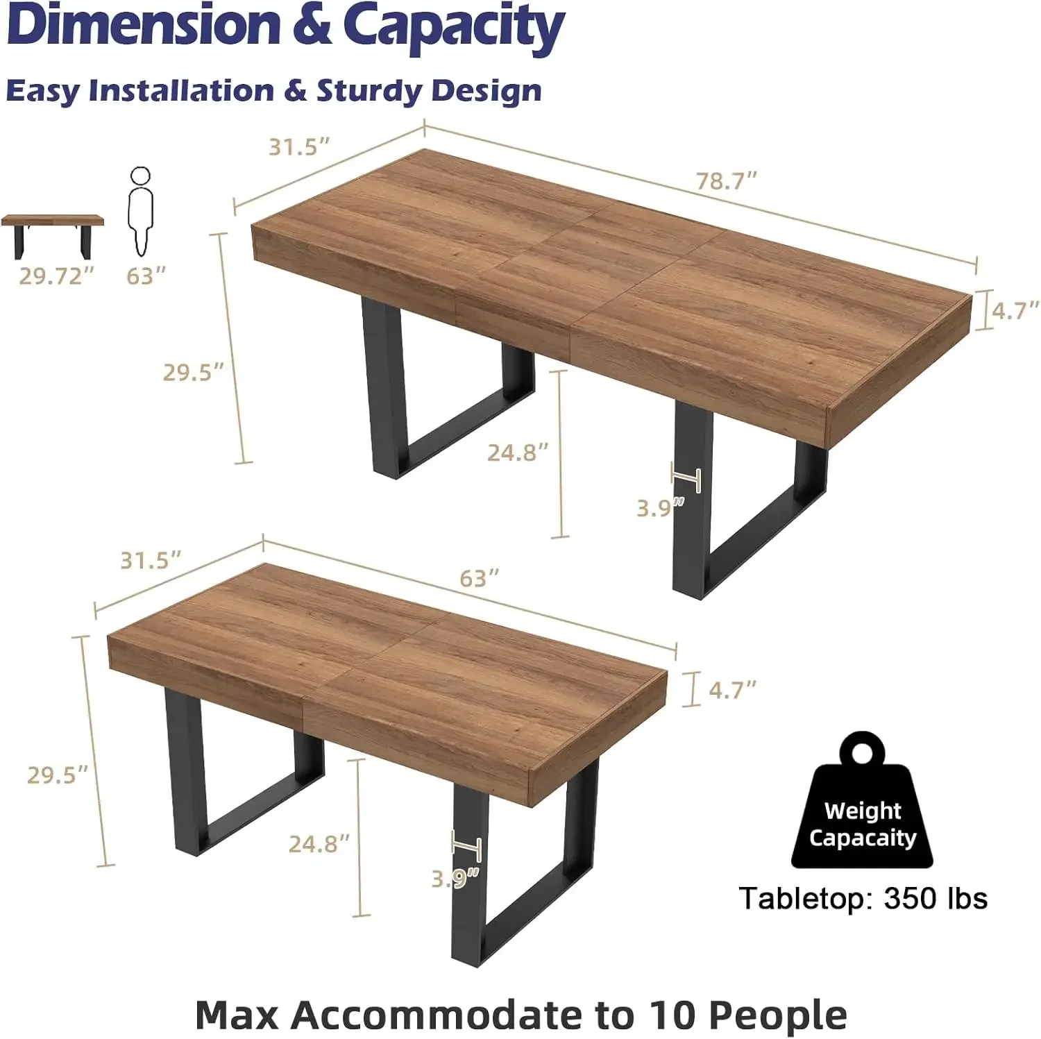 Table de salle à manger extensible pour 6, 8, 10, 63 "-79", table extensible de cuisine en bois de ferme moderne, longue et grande