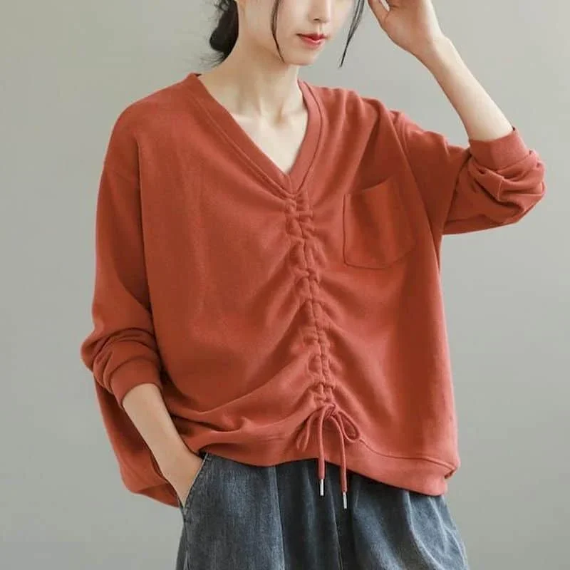 

Pop Literary T-shirts For Women Autumn Oversized Casual Korean Style Long Sleeve V-neck Drawstring Retro Aesthetic Clothes Trend