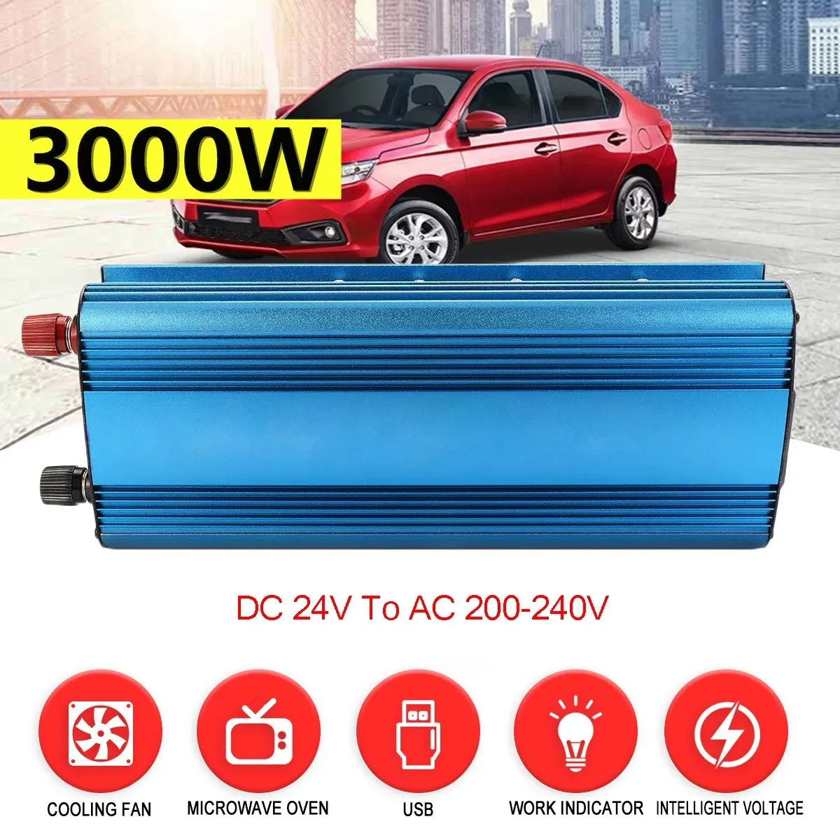 3000W Car Solar Power Inverter DC 12/ 24V to AC 220V Sine Wave USB