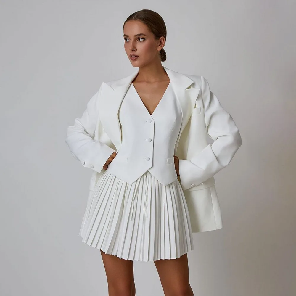 Women Skirt Set Summer Sexy V-Neck Blazer Vest With Short Pleated Skirt Casual Two Piece Set Fashion Lady Office Wear Skirt Suit