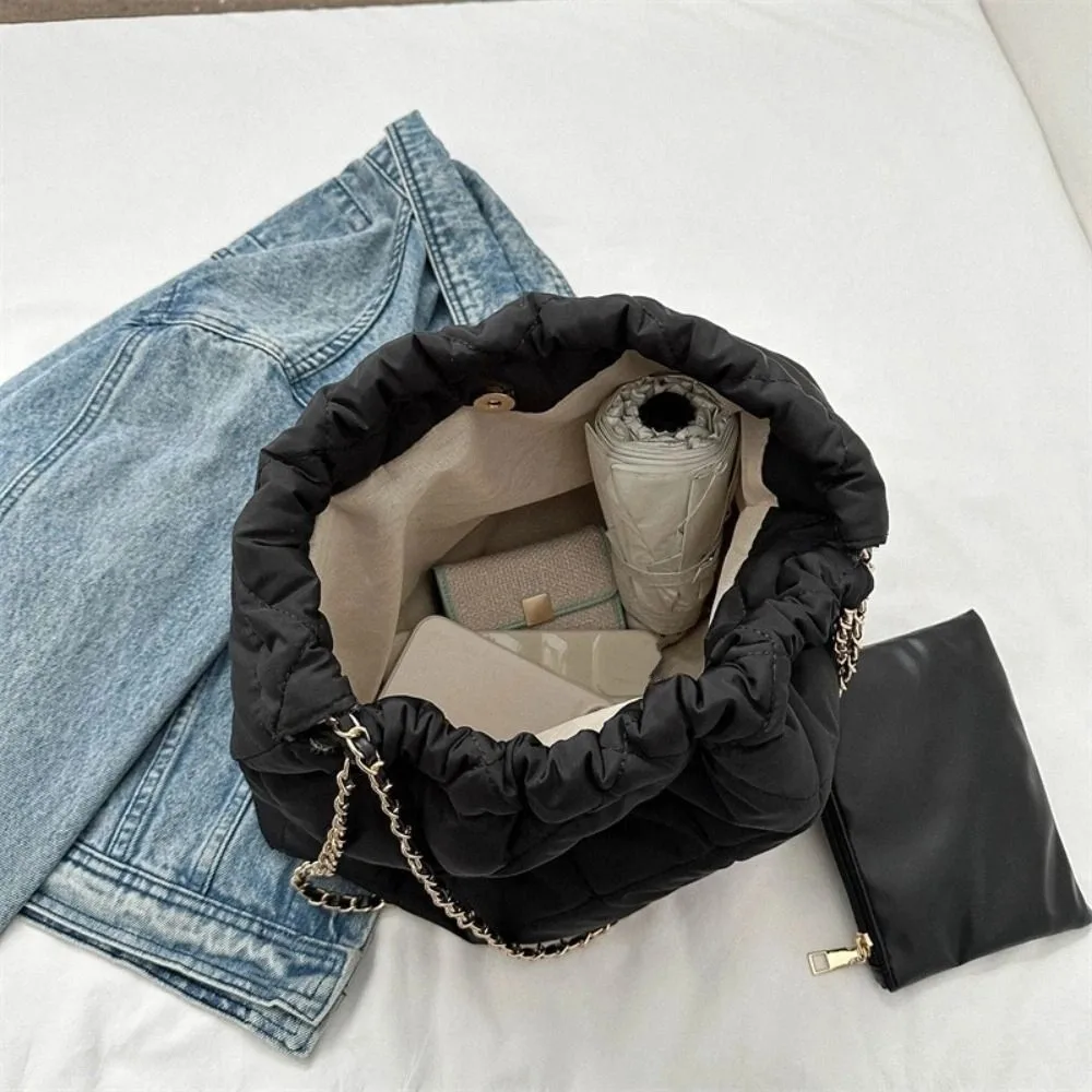 Tas Selempang Gaya Korea dengan Tali Serut, Motif Kotak-kotak, Kapasitas Besar, Tas Jinjing Berlapis Kapas, Tas Empuk Warna Solid