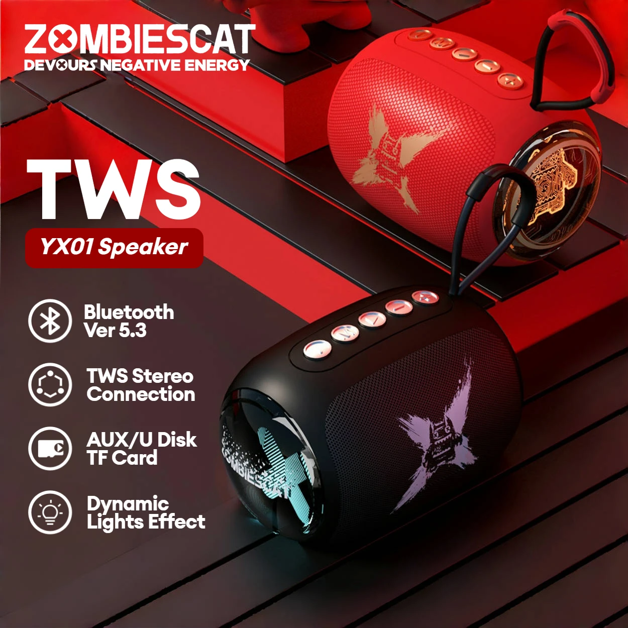 

Zombie Cat Portable TWS Bluetooth Speakers Dynamic Lights HIFI Sounds Bluetooth Sound Box Wireless Subwoofer support AUX TF card