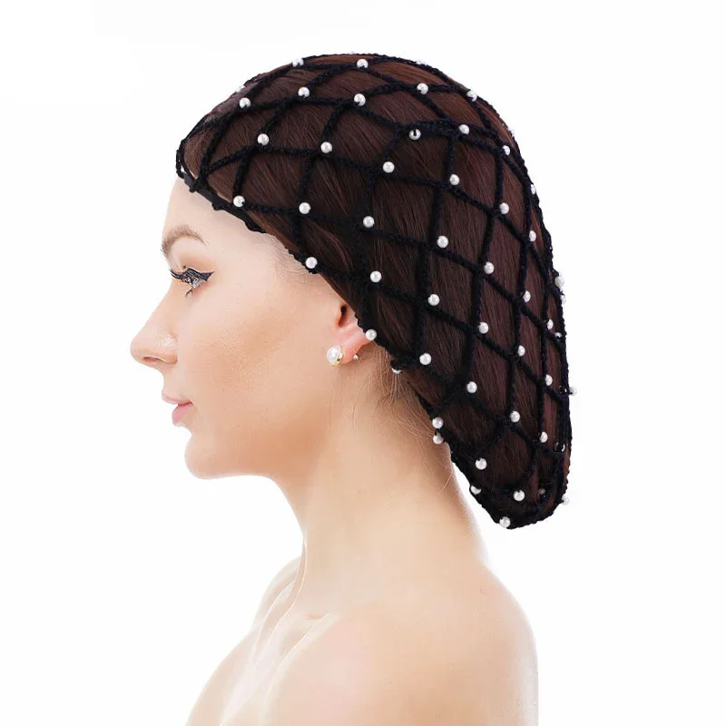 Inlaid white pearl Hair Net Long Pattern Cotton Wig Weaving Cap Mesh Base Machine Made with Hair Net for Women\'s Sleeping