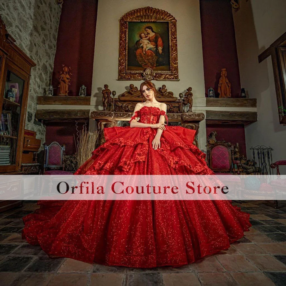 Vestido de baile de princesa brillante, vestido de quinceañera, apliques de hombros descubiertos, niña mexicana, dulce 16, vestidos de fiesta de graduación