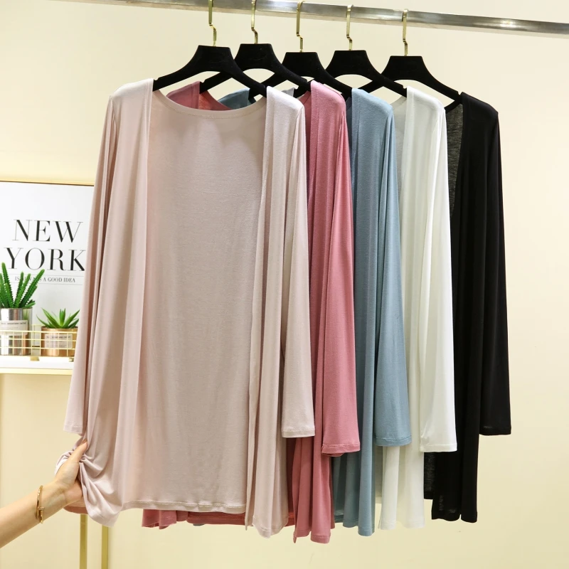 

Women's Modal Long Sleeve Open Cardigan Summer Thin Large Size Pure Color Shoulder Shawl Air Conditioner Outerwear Coat