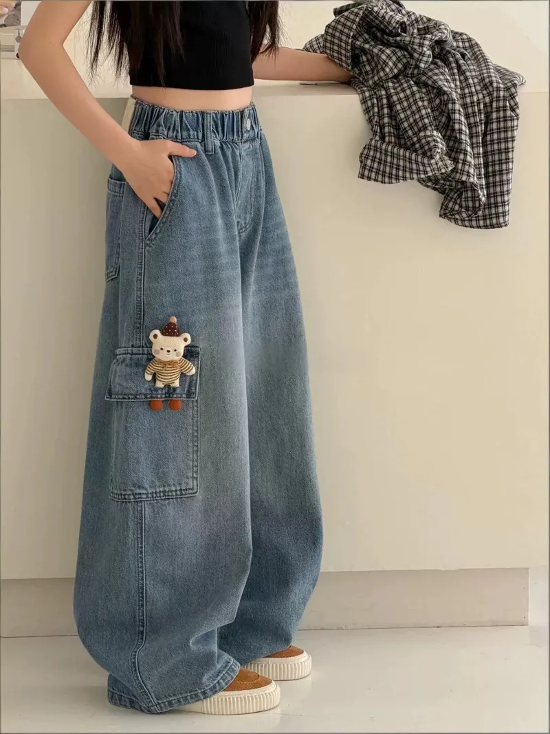 2026 UNITIM Herbst Kinder Mädchen Cargo-Hosen mit Puppendekor 4-14 Jahre Kinder Mädchen Jeans Lose Elastische Taille Junior Mädchen Weite Hosen – Detail 15