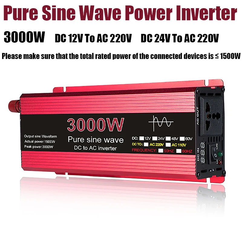 3000W Pure Sine Wave Power Inverter 50Hz DC 12V 24V To AC 220V Universal Car Home Solar System Power Inverter Adapter Converter