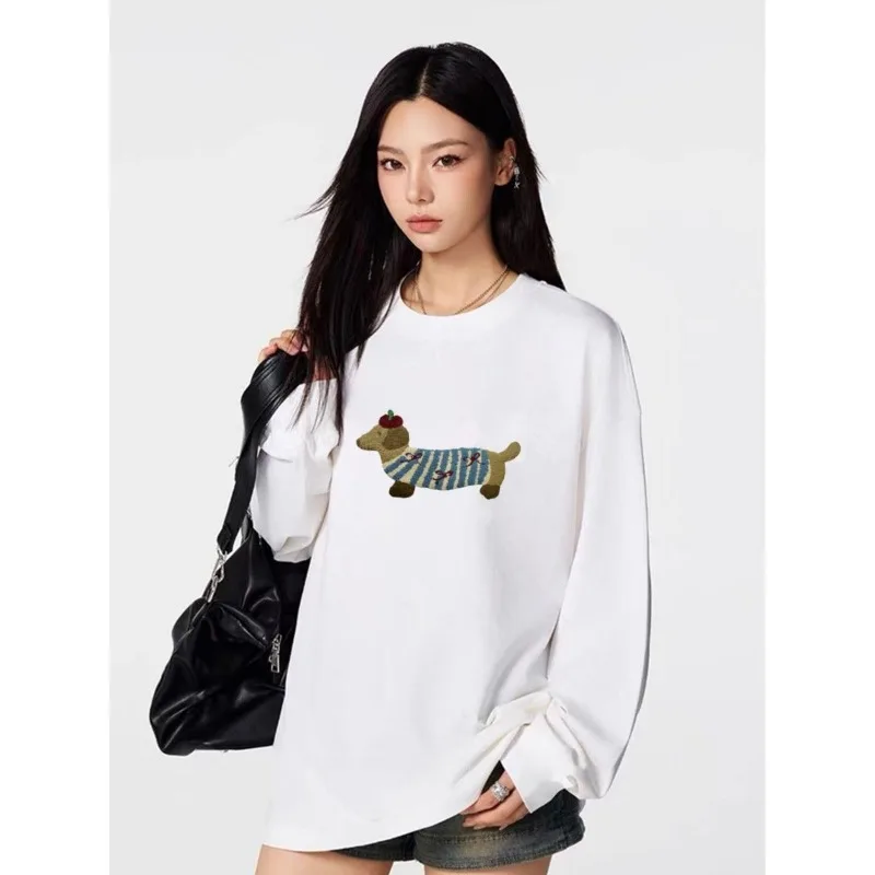 

Женская футболка с длинными рукавами и вышивкой из чистого хлопка, осенне-зимняя свободная рубашка в американском стиле, топ для женщин