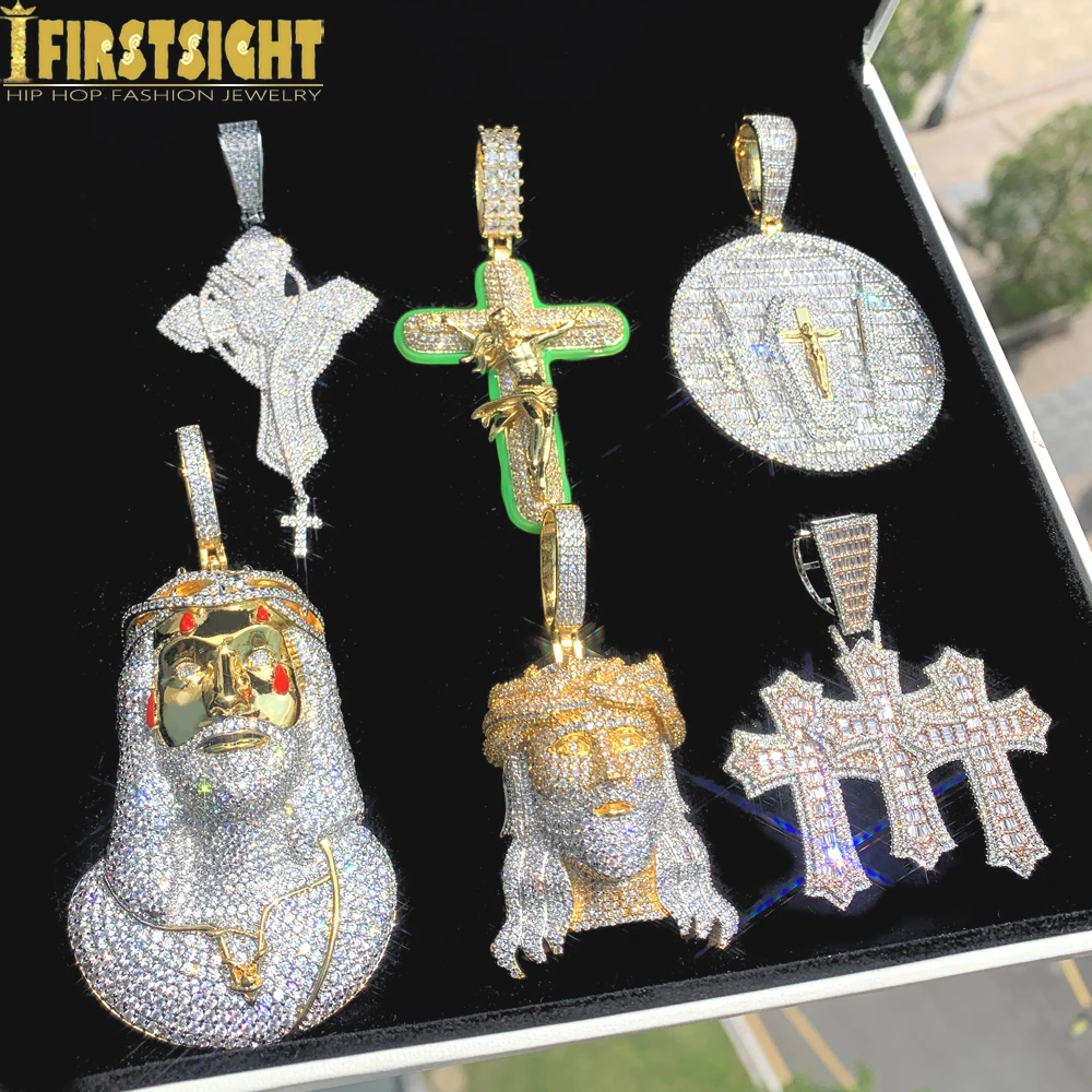 

Iced Out Religious Jesus Head Pendant Necklace Gold Color Bling CZ 5A Zircon Faith Cross Charm Men's Hip Hop Jewelry