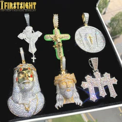 Iced Out Religious Jesus Head Pendant Necklace Gold Color Bling CZ 5A Zircon Faith Cross Charm Men's Hip Hop Jewelry