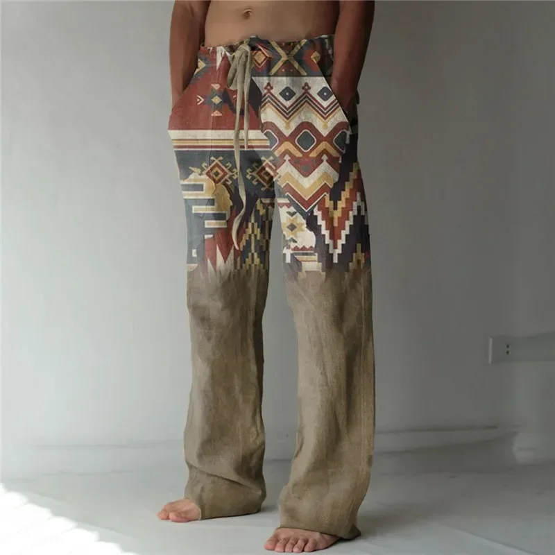 Summer retro men\'s casual wide-leg pants Retro ethnic pattern print fashion wide-leg pants Hawaiian loose beach pants casual