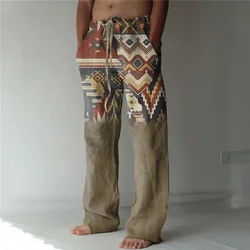 Summer retro men's casual wide-leg pants Retro ethnic pattern print fashion wide-leg pants Hawaiian loose beach pants casual