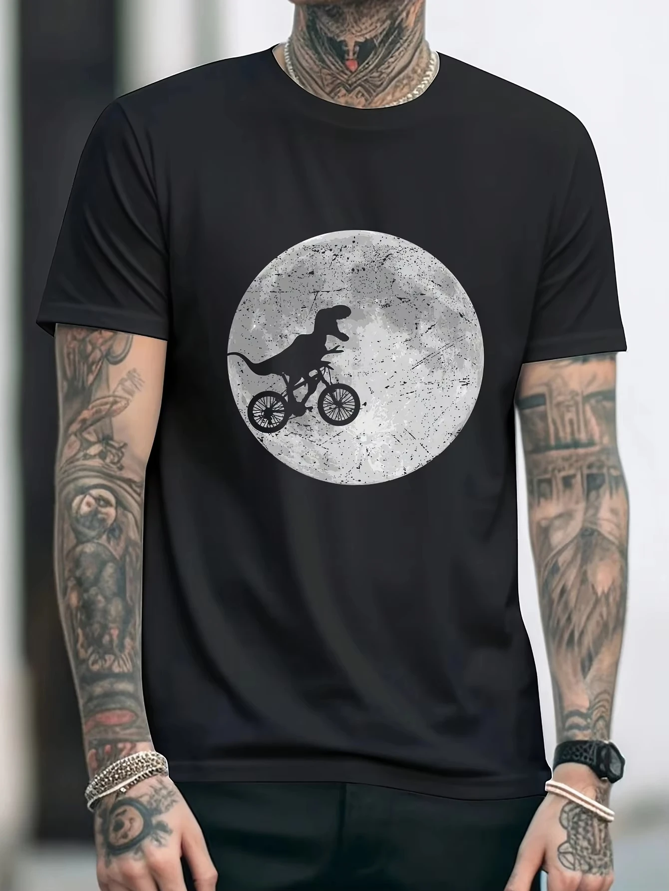 

Men Clothing Men T Shirts Unisex Casual Dinosaur Cycling Print Short Sleeve T-Shirt Casual Crew Neck Summer Knit Fabric Top