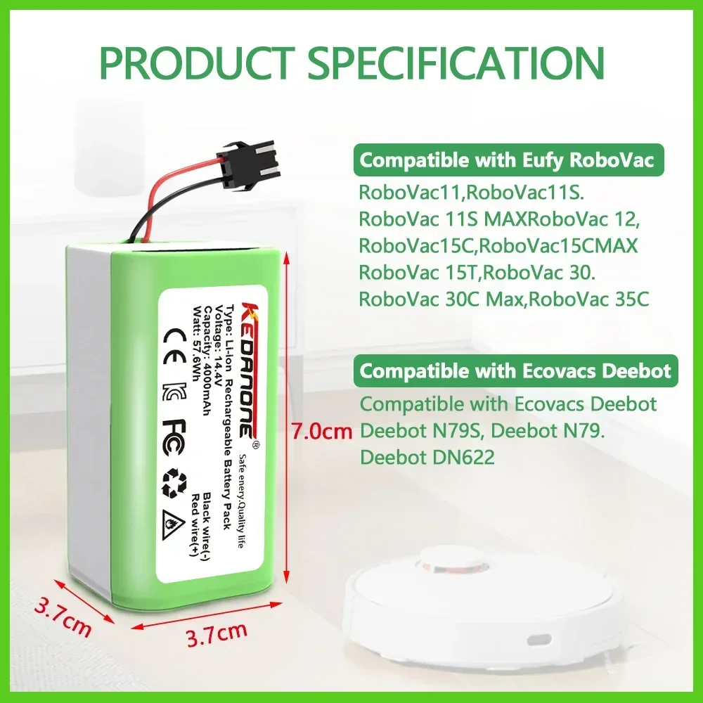 14.4V 4.0Ah Li-ion battery for Cecotec Conga Excellence 950 990 1090 Ecovacs Deebot DN621 601/605 Eufy RoboVac 35C Panda i7 V710