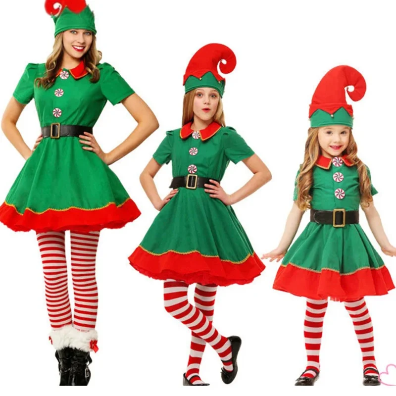 Elf Cosplay Costume para adultos e crianças, Trajes de Natal, mulheres vestidos, homens, calças, chapéu, terno, Halloween