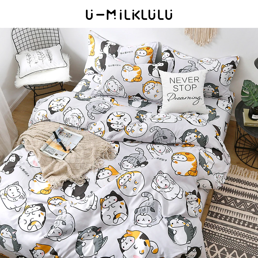 Imagem -03 - Cute Cat Bedding Grupo Folha Branca Solteiro Duplo Queen King Size Elastic Duvet Cover Fronhas Cartoon Animal Bed Comforters