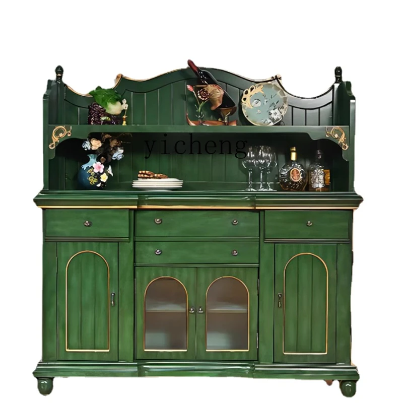 

Zk Sideboard Cabinet Solid Wood High Cabinet Wall Kitchen Shelf Wine Cabinet Integrated Retro Green Furniture