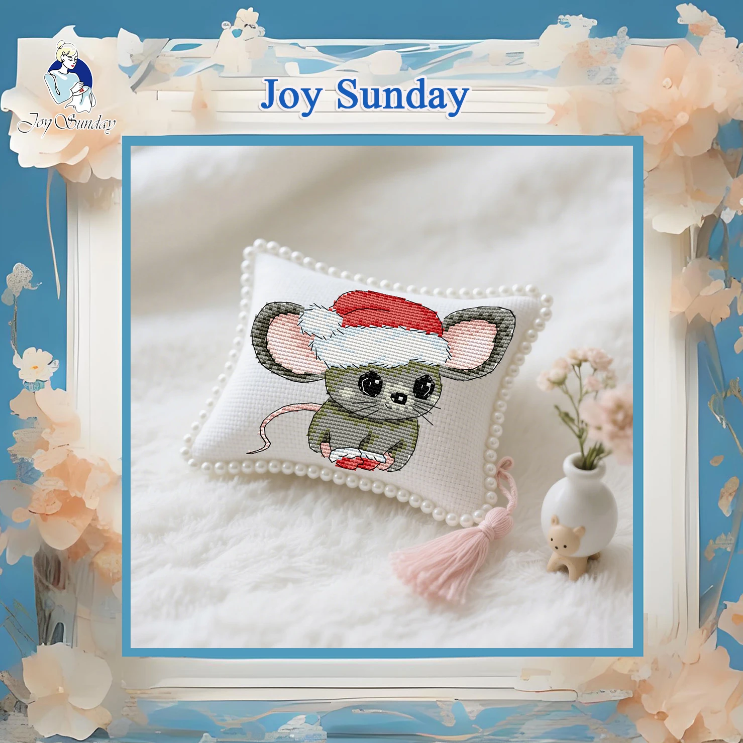 

Joy Sunday Pre-printed Cross Stitch Kit Easy Pattern Aida Stamped Fabric Embroidery Set-Little Mouse with A Christmas Hat