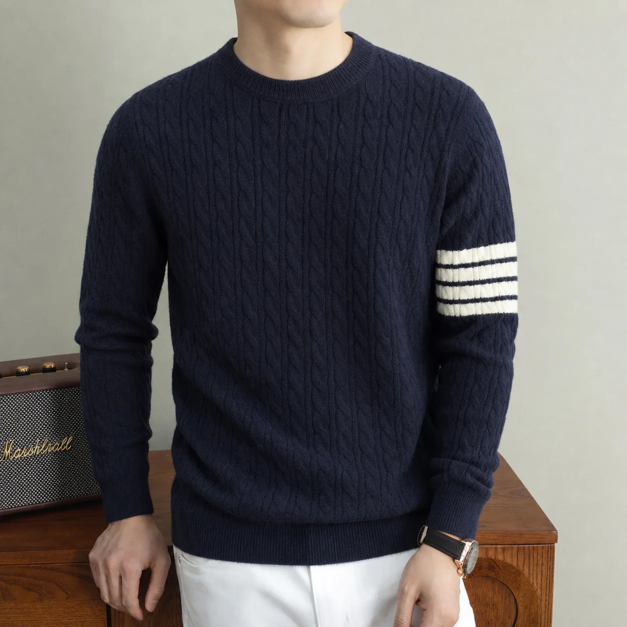 Hochwertige Rundhalspullover Herren Casual Neue Trend Marke Persönlichkeit Streifen Zipper Herbst Winter Komfort Warm Stricken Sweater – Detail 2