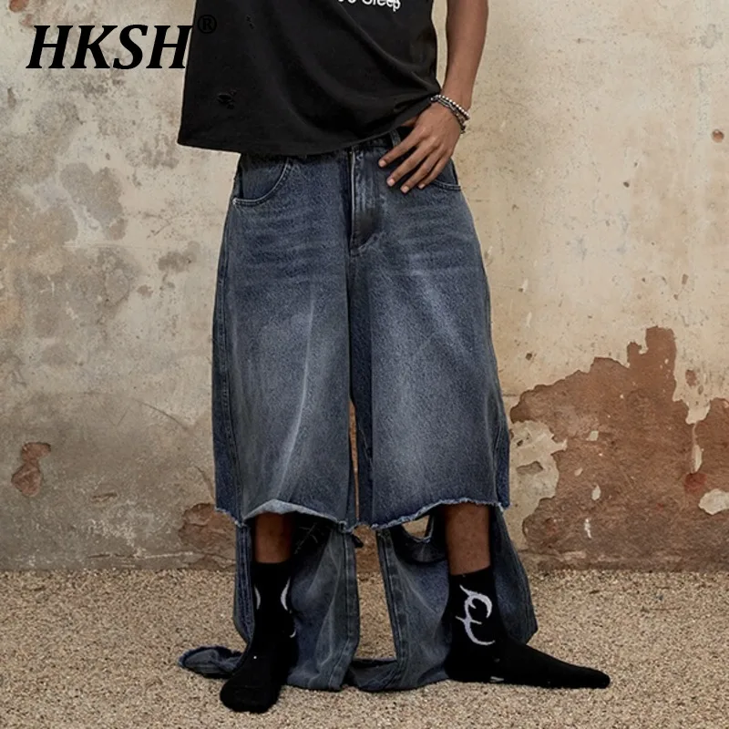 

HKSH 2024 Spring Summer New Men's Tide Vintage Wide Leg Destructive Design Detachable Denim Pants Loose Casual Chic Jeans HK2172