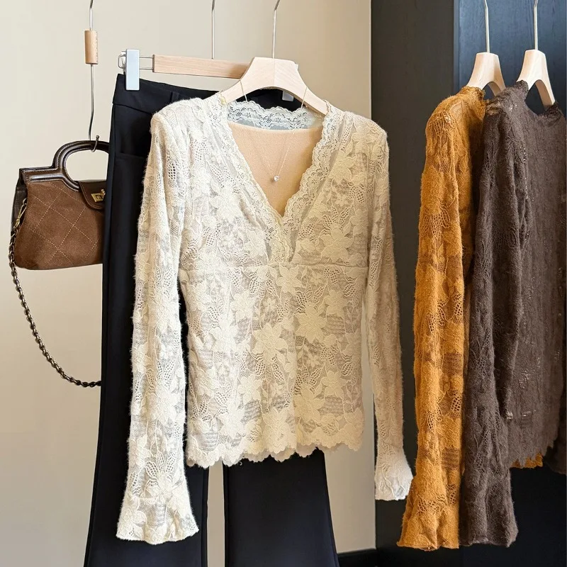 Women Fuzzy Lace Long Sleeve Top, V Neck Flare Cuff Slim Fitted Blouse, Autumn Winter Lined Warm Thermal Base Layer Inner Shirt