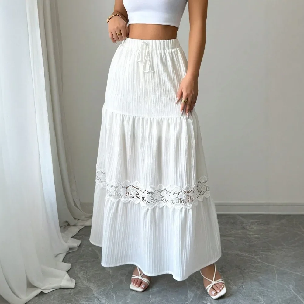 Women 2026 Summer White Lace Trim High Waist A-Line Chiffon Maxi Skirt Flowy Breathable Soft Flattering Daily Beachwear Comfy