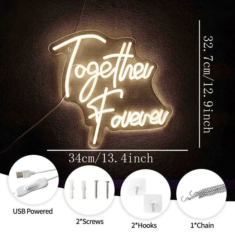 Together Forever Neon Sign For Wall Decor,Light Up Sign For Wedding Party Decor,Bedroom,Living Room,Valentine'S Day,Anniversary