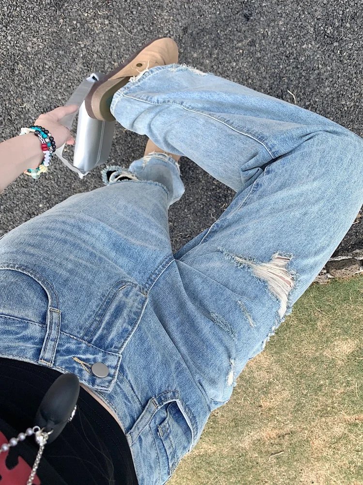 

Джинсы с высокой талией и широкими штанинами, женские дизайнерские винтажные свободные брюки BF Lazy Sle Torn, повседневные длинные брюки, осенняя одежда