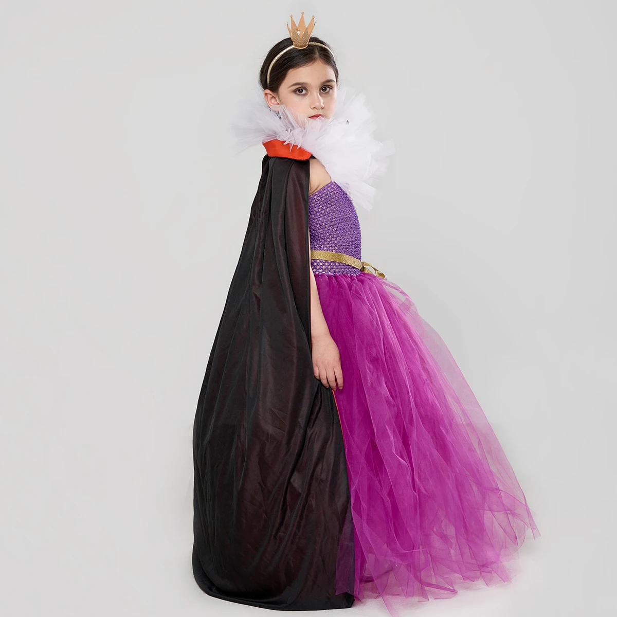 Snow White Villain Evil Queen Style Tutu Dress with Cape Crown Girls Cosplay Wicked Witch Costume Kids Fancy Gown Clothing