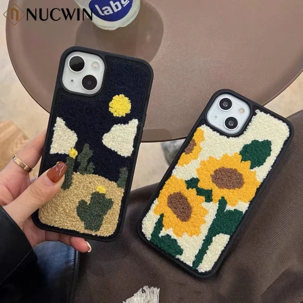 Cute Cartoon Embroidery Case For iPhone 12 11 13 14 15 Pro Max X Xr Xs 14 Plus Sun Flower Cactus Plush Winter Shockproof Cover