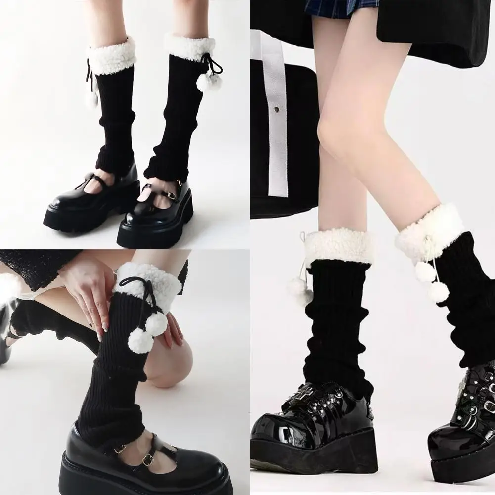 جوارب لوليتا لتدفئة الساق على الطراز الياباني من صوف الضأن مع جوارب بوم بومس JK عصرية قابلة للتكديس للنساء والفتيات