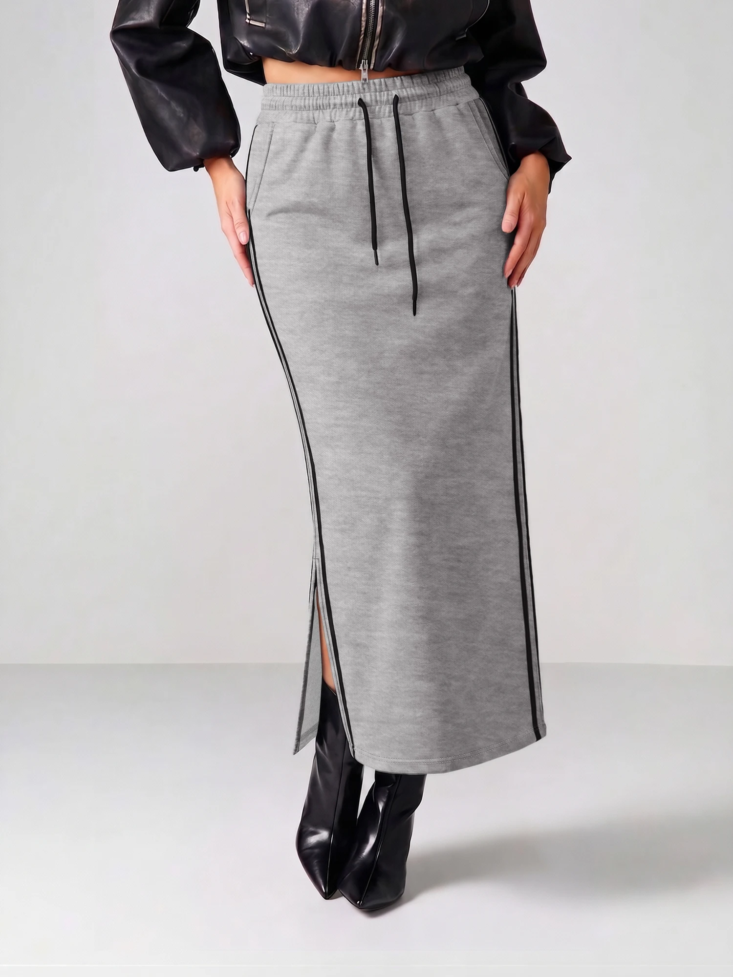 Lightweight Sweat Long Skirt, Elastic Drawcord Waist, Outdoor Picnic & Road Trip Casual Attire