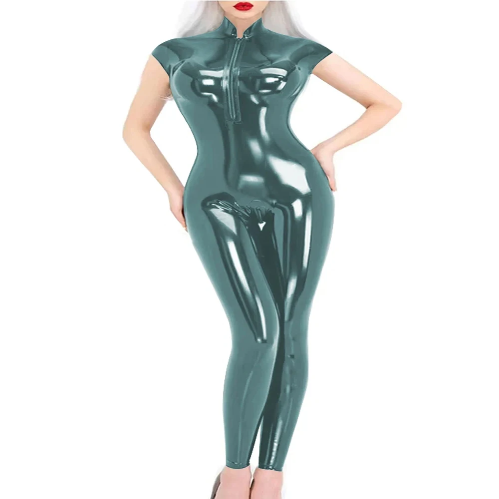 Plus ขนาดผู้หญิงสิทธิบัตรหนัง Slim Jumpsuit Glossy เซ็กซี่ไนท์คลับยืด PVC Catsuit หญิงซิปด้านหน้าเปิด Crotch Rompers