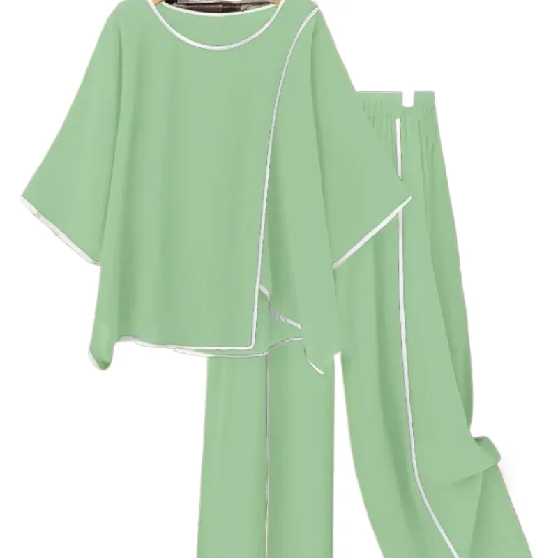 Plus Size Women Casual Fashion Set Loose Comfortable Open Split Half Sleeve Top Wide Pants Long Pant Two Piece Outfit Pajama Set