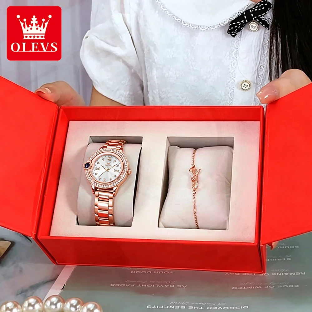 OLEVS Women's Watches Luxury Fashion Rose Zircon Bezel Gold Original Quartz Wristwatch for Lady Waterproof Luminous Date 5588