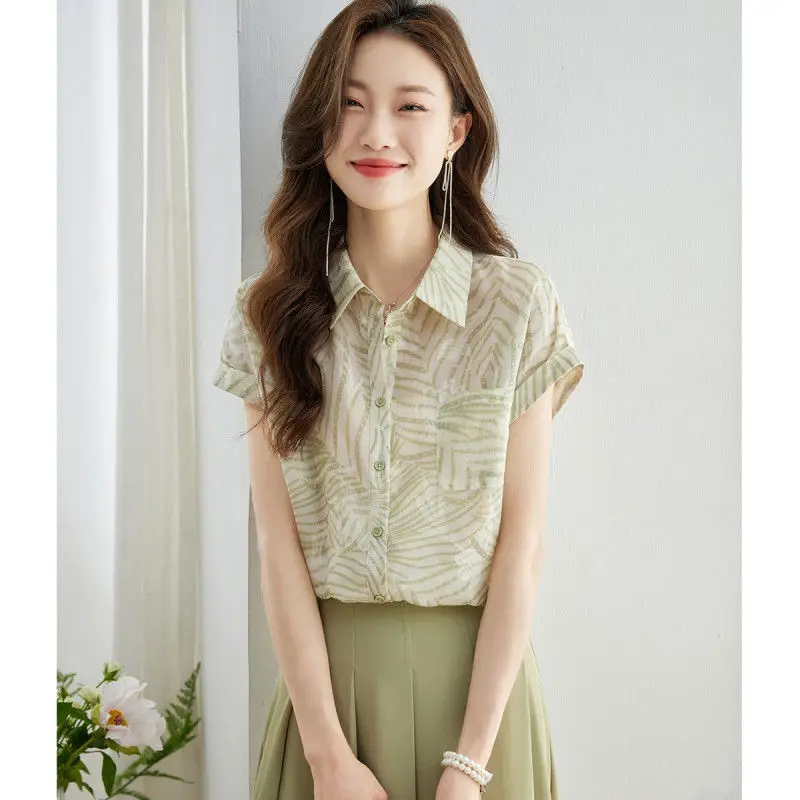 Fashion Lapel Pockets Printed Chiffon Short Sleeve Shirts Women\'s Clothing 2024 Summer New Loose Casual Tops Office Lady Blouses