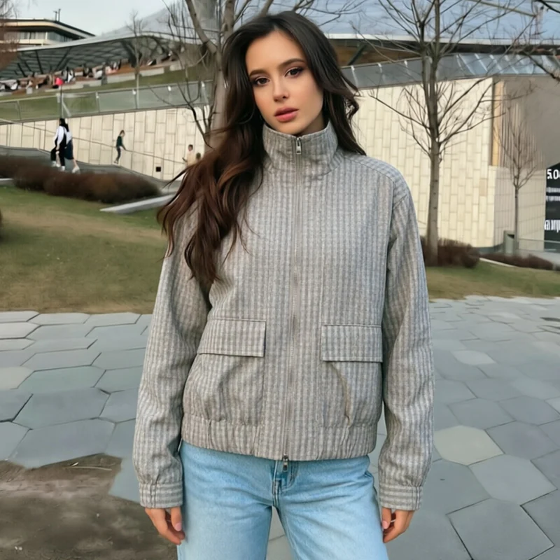 Karierte Cropped-Jacke für Damen, Herbstjacke mit Reißverschluss, langärmlige Bomberjacke für Damen, lockere, übergroße, lässige Baseball-Oberbekleidung, Streetwear