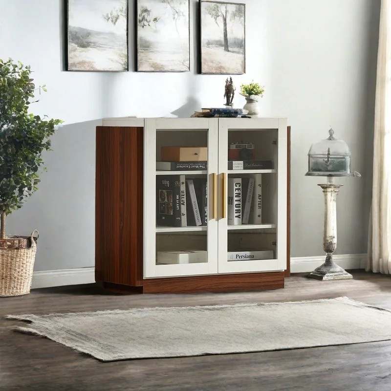 Buffet Cabinet,Coffee bar Cabinet, Liquor Cabinet with two glass doors and Adjustable Shelves,Antique White and Grey