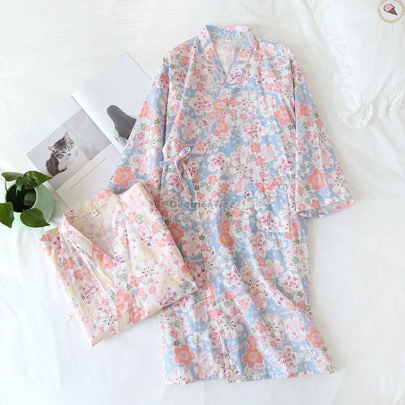 2025 japanese style summer pure cotton double-layer gauze pajamas robe japan yukata kimono style cross collar printed homewear
