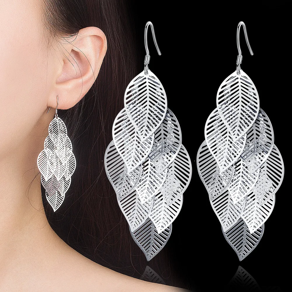 Earrings fashion Jewelry Woman Layered Hollow Leaves Tassel Long Drop earrings Silver Trendsetter Christmas Gifts