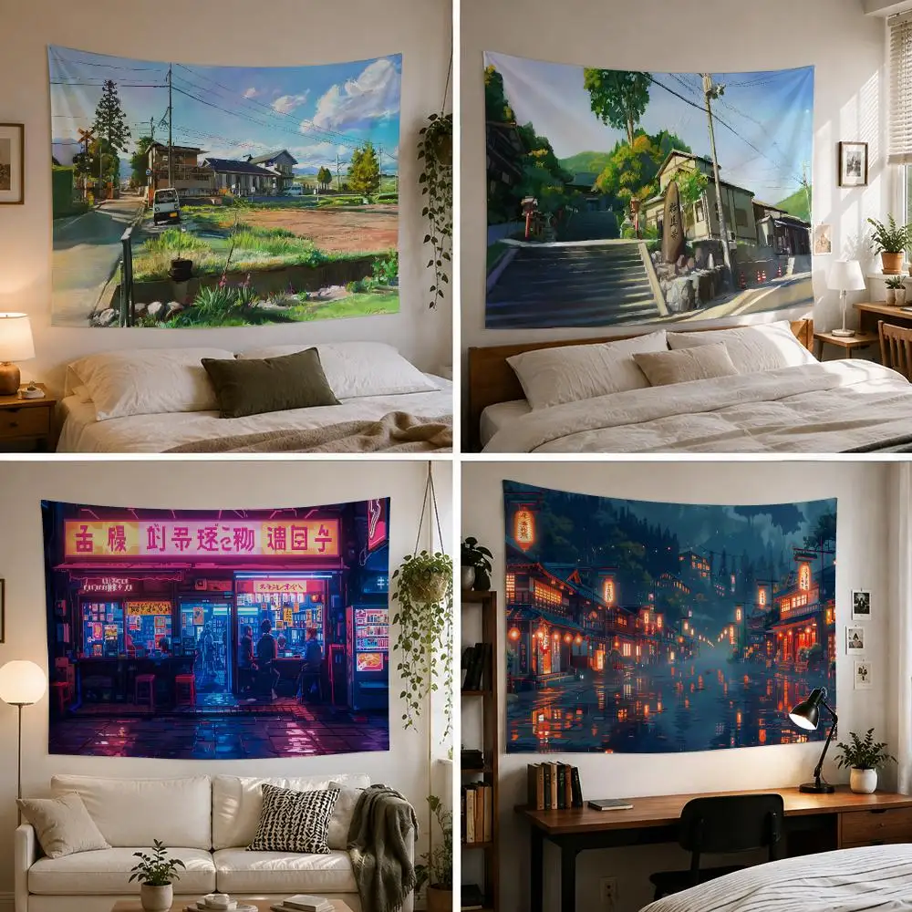 Anime Japan Street Tapestry Custom Living Bedroom Party Dormitory Interior Wall Bohemian Decoration Attached Clip