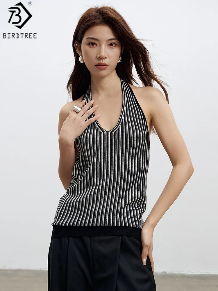 

Birdtree 32.2% Sheep Wool Black White Stripe Vest,Women Wool Blend Sleeveless Knit Hanging Neck Autumn Bottom Vest Tops T58810JF