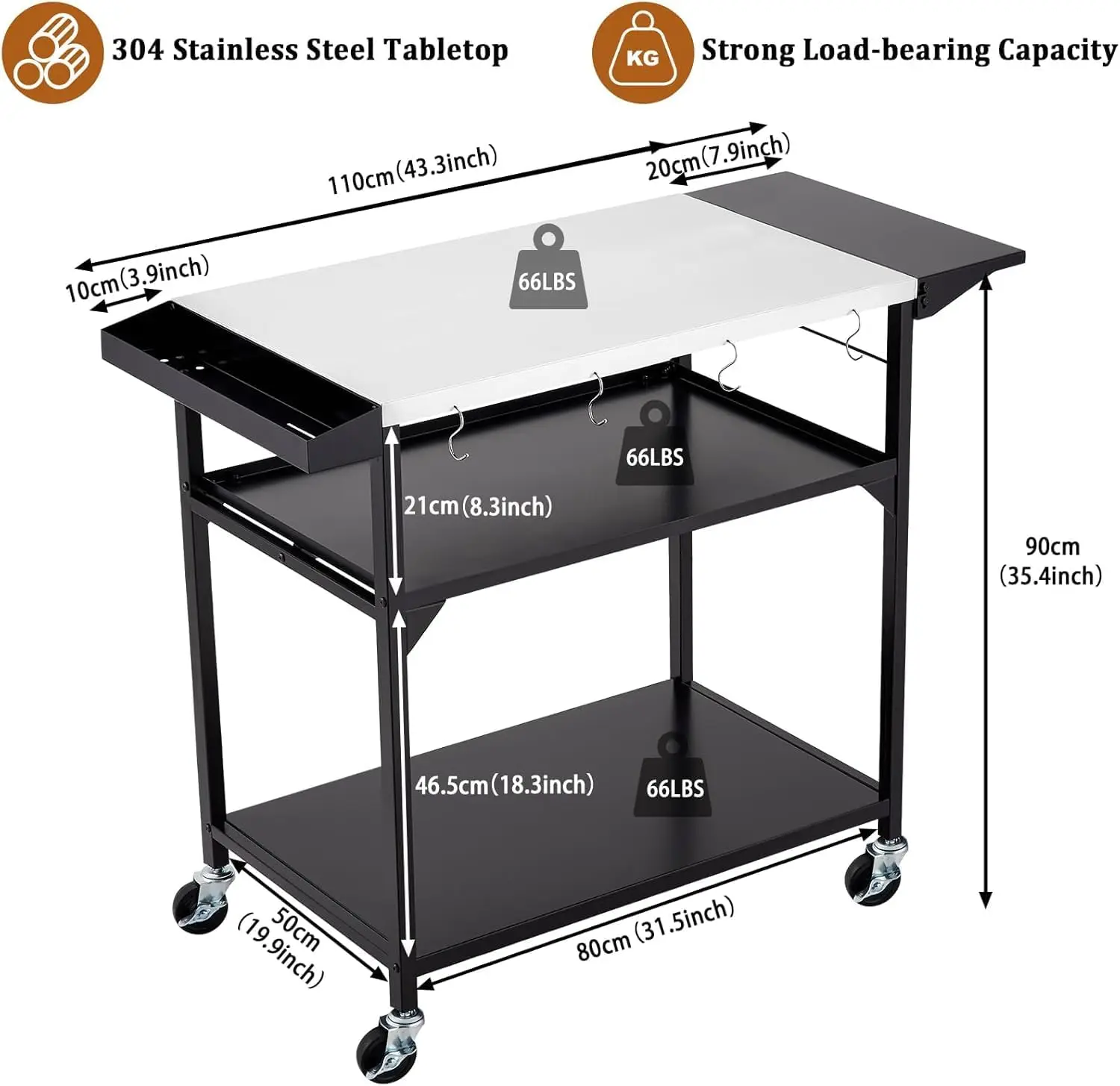 طاولة عربة الشواية الخارجية، طاولات فرن البيتزا المتحركة المصنوعة من الفولاذ المقاوم للصدأ مع 4 عجلات، طاولة إعداد طعام المطبخ مع رف تخزين