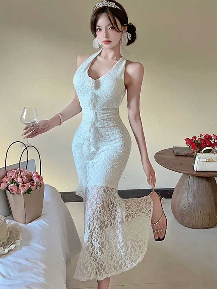 ผู้หญิงลูกไม้ Jacquard เซ็กซี่คอติดตั้งชุดฤดูร้อนหรูหรา Ruffled ชุดยาวชุด 2025 เกาหลี Vintage Night Dress