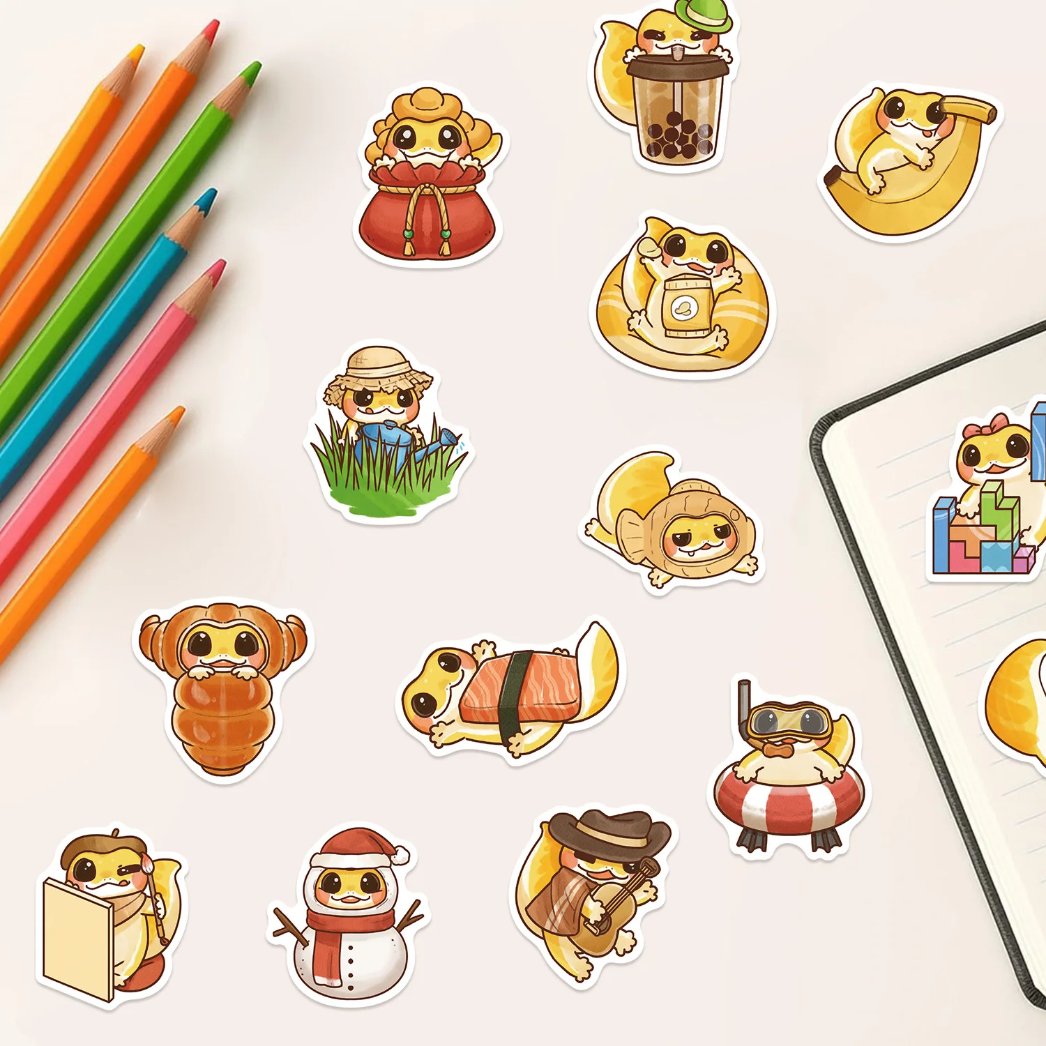 Autocollant Graffiti mignon Gecko pour animaux de compagnie, 50 pièces, dessin animé, tasse d'eau décorative, guitare, carnet de notes, iPad, autocollant étanche, jouet pour enfants
