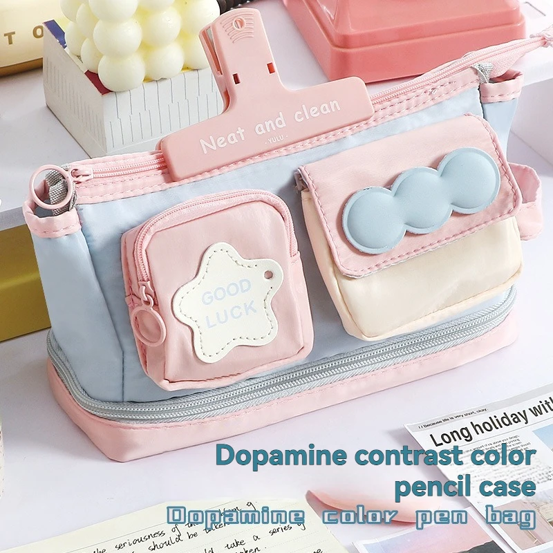 Multifunktionales kontrastierendes tragbares Dopamin-Federmäppchen, niedliche und große Kapazität, japanischer Stil, Schreibwarentasche für die Grundschule