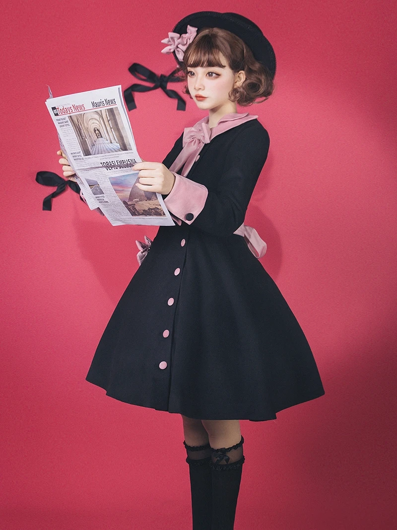 เสื้อโค้ทขนสัตว์แบบกระดุมแถวเดียว สไตล์โลลิต้า น่ารักหวานๆ สำหรับสาวๆ  แบบย้อนยุคหรูหราสไตล์ฝรั่งเศส  สำหรับฤดูใบไม้ร่วงและฤดูหนาว  สไตล์ญี่ปุ่น  พร้อมโบว์