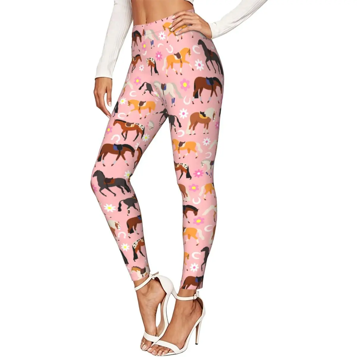 Women High Waist Elastic Leggings Horses Racing Flowers Farm Domestic Animals Slim Fit Stretchy Pants Casual Wear