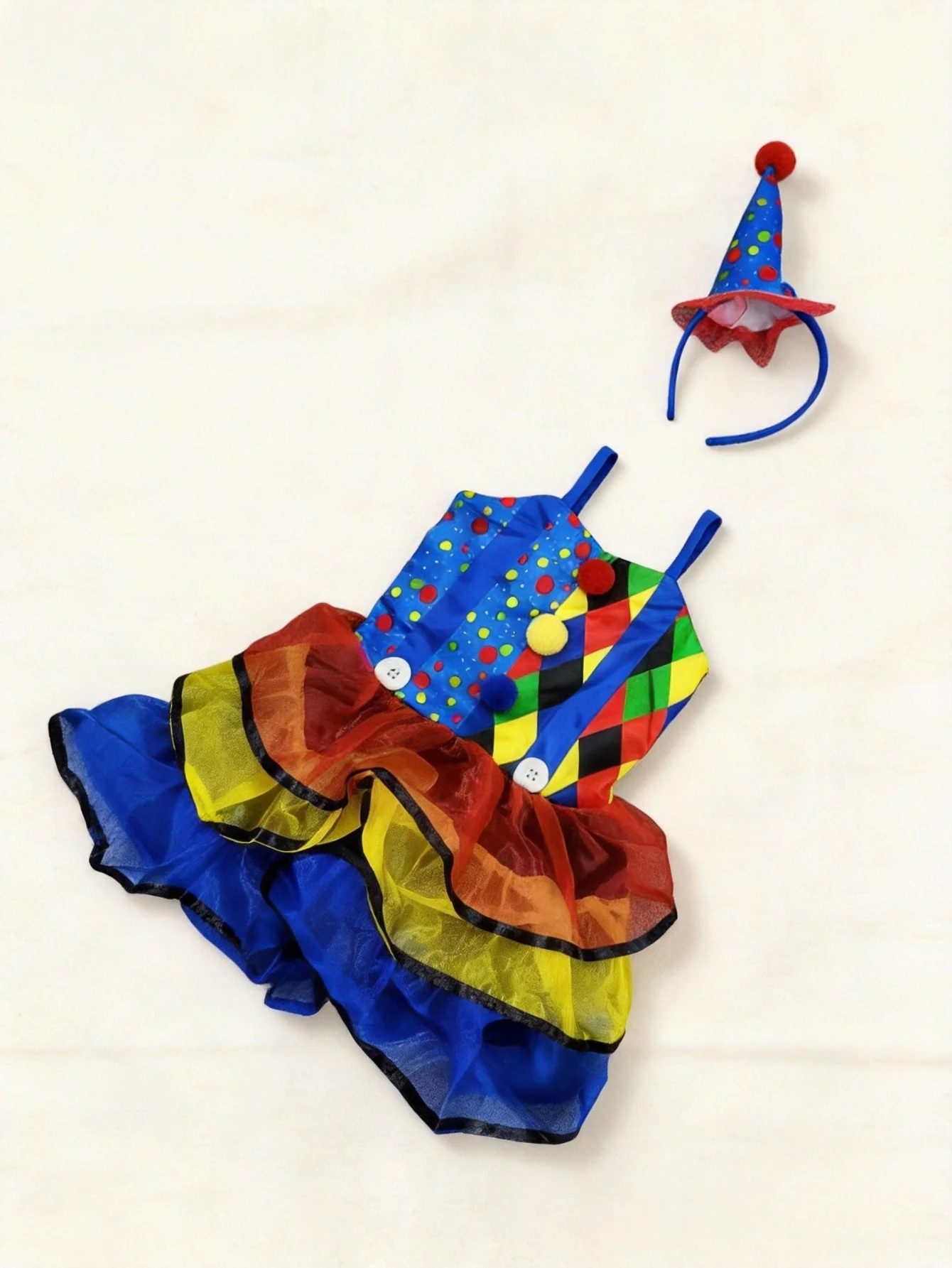 Girls Colorful Clown Tutu Dress Costume with Polka Dot Party Hat view 2