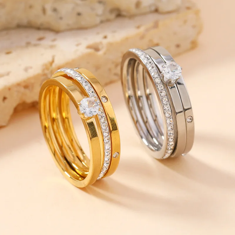 New Trendy Stainless Steel Ring For Women Three-Piece Set Zircon Classic Fashion Finger Accessory Jewelry Female Gifts